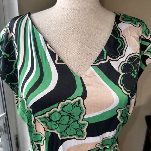 NWT Anne Klein Floral Green Black White Belted Midi Dress Women's Size 4 $139 - Picture 4 of 15